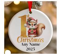 Personalised Childs 1st Christmas Gold Effect Squirrel Round Ceramic Hanging Tree Decoration, Babies 1st Xmas - 7cm
