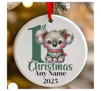 Personalised Childs 1st Christmas Green Koala Round Ceramic Hanging Tree Decoration, Babies 1st Xmas - 7cm