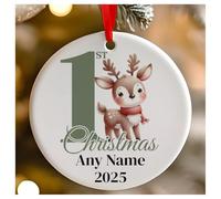 Personalised Childs 1st Christmas Green Reindeer Round Ceramic Hanging Tree Decoration, Babies 1st Xmas - 7cm