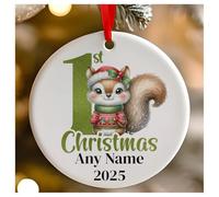 Personalised Childs 1st Christmas Green Squirrel Round Ceramic Hanging Tree Decoration, Babies 1st Xmas - 7cm