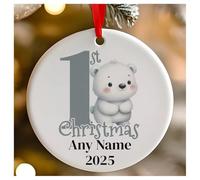 Personalised Childs 1st Christmas Grey Polar Bear Round Ceramic Hanging Tree Decoration, Babies 1st Xmas - 7cm