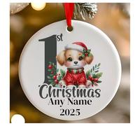 Personalised Childs 1st Christmas Grey Puppy Dog Round Ceramic Hanging Tree Decoration, Babies 1st Xmas - 7cm