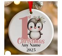 Personalised Childs 1st Christmas Pink Penguin Round Ceramic Hanging Tree Decoration, Babies 1st Xmas - 7cm