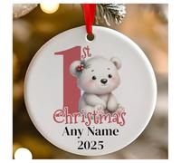 Personalised Childs 1st Christmas Red Polar Bear Round Ceramic Hanging Tree Decoration, Babies 1st Xmas - 7cm