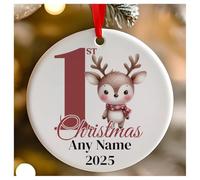 Personalised Childs 1st Christmas Red Reindeer Round Ceramic Hanging Tree Decoration, Babies 1st Xmas - 7cm