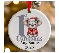 Personalised Childs 1st Christmas Silver Koala Round Ceramic Hanging Tree Decoration, Babies 1st Xmas - 7cm