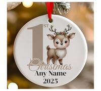 Personalised Childs 1st Christmas Tiny Reindeer Round Ceramic Hanging Tree Decoration, Babies 1st Xmas - 7cm