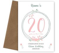 Personalised China 20th Anniversary Card for Couples Wife or Husband, 20th Anniversary, Floral