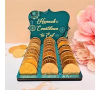 Personalised Chocolate Coin Eid Countdown Calendar, Fancy Plaque Design, Suitable for Various Coin Brands, Ideal Ramadan Gift, Size 130mm x 145mm x 140mm (Eid Green with Gold)