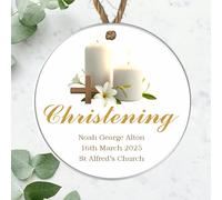 Personalised Christening Baptism Communion Confirmation Hanging Plaque Custom Religious Keepsake Gift with Name Date and Church Round Bauble (Acrylic - White, Christening)