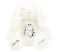 Personalised Christening Bunny with Name - Eucalyptus Leaves Doves On your Christening Day Soft Toy for Baby, Toddler, Kids, Child, Babies Baptism Church Spring Time - Blue Letter White Bunny