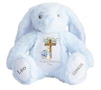 Personalised Christening Bunny with Name - Peter Cross Rabbit Blue Flowers On your Christening Day Soft Toy for Baby, Toddler, Kids, Child, Babies Baptism Church Spring Time - Blue Letter Blu Bunny