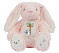 Personalised Christening Bunny with Name - Peter Cross Rabbit Blue Flowers On your Christening Day Soft Toy for Baby, Toddler, Kids, Child, Babies Baptism Church Spring Time - Blue Letter Pin Bunny