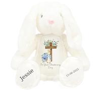 Personalised Christening Bunny with Name - Peter Cross Rabbit Blue Flowers On your Christening Day Soft Toy for Baby, Toddler, Kids, Child, Babies Baptism Church Spring Time - Blue Letter White Bunny
