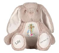 Personalised Christening Bunny with Name - Peter Cross Rabbit Pink Flowers On your Christening Day Soft Toy for Baby, Toddler, Kids, Child, Babies Baptism Church Spring Time - Blue Letter Brown Bunny