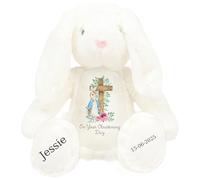 Personalised Christening Bunny with Name - Peter Cross Rabbit Pink Flowers On your Christening Day Soft Toy for Baby, Toddler, Kids, Child, Babies Baptism Church Spring Time - Blue Letter White Bunny
