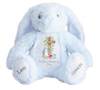 Personalised Christening Bunny with Name - Peter Cross Rabbit Pink Flowers On your Christening Day Soft Toy for Baby, Toddler, Kids, Child, Babies Baptism Church Spring Time - Blue Letter Blu Bunny