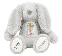 Personalised Christening Bunny with Name - Peter Cross Rabbit Pink Flowers On your Christening Day Soft Toy for Baby, Toddler, Kids, Child, Babies Baptism Church Spring Time - Blue Letter Grey Bunny