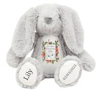 Personalised Christening Bunny with Name - Red Flowers Leaves Doves On your Christening Day Soft Toy for Baby, Toddler, Child, Kids, Babies Baptism Church Spring Time -Red Flower Grey Bunny