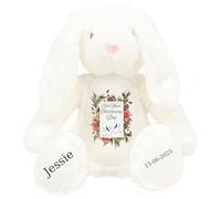Personalised Christening Bunny with Name - Red Flowers Leaves Doves On your Christening Day Soft Toy for Baby, Toddler, Child, Kids, Babies Baptism Church Spring Time - Red Flower White Bunny