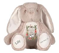 Personalised Christening Bunny with Name - Red Flowers Leaves Doves On your Christening Day Soft Toy for Baby, Toddler, Child, Kids, Babies Baptism Church Spring Time - Red Flower Brown Bunny