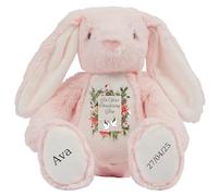 Personalised Christening Bunny with Name - Red Flowers Leaves Doves On your Christening Day Soft Toy for Baby, Toddler, Child, Kids, Babies Baptism Church Spring Time - Red Flower Pin Bunny