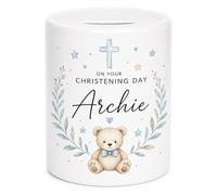 Personalised Christening Ceramic Money Box - Custom Baby Keepsake Coin Pot - Teddy Bear Christening Gift for Boys & Girls (Blue Chrisening Money Box)