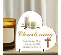 Personalised Christening, Communion or Confirmation Heart Plaque - Custom Religious Keepsake with Name, Date & Church - Baptism Gift for Boys & Girls (Christening, MDF Wood - Small - 8.5m x 8cm)
