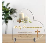 Personalised Christening, Communion or Confirmation Heart Plaque - Custom Religious Keepsake with Name, Date & Church - Baptism Gift for Boys & Girls (Communion, Acrylic - Medium - 13.5cm x 13cm)