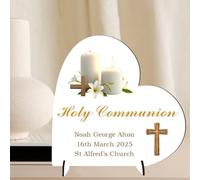 Personalised Christening, Communion or Confirmation Heart Plaque - Custom Religious Keepsake with Name, Date & Church - Baptism Gift for Boys & Girls (Communion, MDF Wood - Large - 19cm x 18.5cm)
