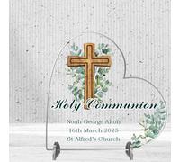 Personalised Christening, Communion or Confirmation Plaque - Custom Religious Gift with Child’s Name, Date & Church - Wooden Cross & Greenery Keepsake (Communion, Acrylic - Small - 8.5cm x 8cm)