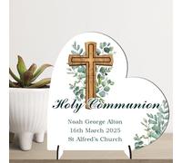Personalised Christening, Communion or Confirmation Plaque - Custom Religious Gift with Child’s Name, Date & Church - Wooden Cross & Greenery Keepsake (Communion, MDF Wood - Medium - 13.5cm x 13cm)