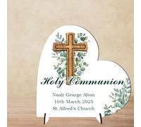 Personalised Christening, Communion or Confirmation Plaque - Custom Religious Gift with Child’s Name, Date & Church - Wooden Cross & Greenery Keepsake (Communion, MDF Wood - Large - 19cm x 18.5cm)