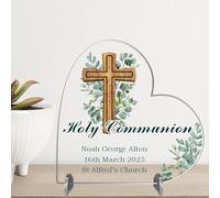 Personalised Christening, Communion or Confirmation Plaque - Custom Religious Gift with Child’s Name, Date & Church - Wooden Cross & Greenery Keepsake (Communion, Acrylic - Large - 19cm x 18.5cm)