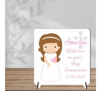 Personalised Christening & Confirmation Plaque - Custom Baptism Gift for Baby Girl - First Holy Communion Keepsake (Light Brown Hair - MDF Wood, Communion)