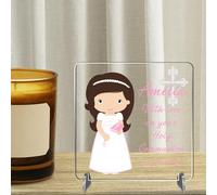Personalised Christening & Confirmation Plaque - Custom Baptism Gift for Baby Girl - First Holy Communion Keepsake (Dark Brown Hair - Acrylic, Communion)