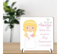 Personalised Christening & Confirmation Plaque - Custom Baptism Gift for Baby Girl - First Holy Communion Keepsake (Blonde Hair - MDF Wood, Communion)