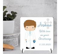 Personalised Christening Confirmation Plaque - Custom Boy Gift - Religious Keepsake - Baptism Gift - First Holy Communion Present (Light Brown Hair - MDF Wood, Christening)