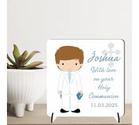 Personalised Christening Confirmation Plaque - Custom Boy Gift - Religious Keepsake - Baptism Gift - First Holy Communion Present (Light Brown Hair - MDF Wood, Communion)
