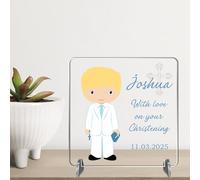 Personalised Christening Confirmation Plaque - Custom Boy Gift - Religious Keepsake - Baptism Gift - First Holy Communion Present (Blonde Hair - Acrylic, Christening)