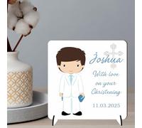 Personalised Christening Confirmation Plaque - Custom Boy Gift - Religious Keepsake - Baptism Gift - First Holy Communion Present (Dark Brown Hair - MDF Wood, Christening)