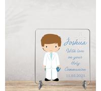 Personalised Christening Confirmation Plaque - Custom Boy Gift - Religious Keepsake - Baptism Gift - First Holy Communion Present (Light Brown Hair - Acrylic, Communion)
