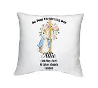 Personalised Christening Cushion 40cm Bunny Baptism Keepsake Pillow Unique Gift for Boys & Girls - Special Godparent Gift Custom Naming Day Present