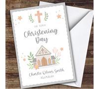 Personalised Christening Day Card For Anyone Church Grey | Personalized Custom Unique Greetings Card For Christening Day Any Text Inside & Out