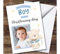Personalised Christening Day Card For Boy Photo Bear Blue | Personalized Custom Unique Greetings Card For Christening Day Any Text Inside & Out