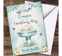 Personalised Christening Day Card For Cousin Boy Cross Font Green | Custom Greetings Card For Christening Day Any Text Inside & Out