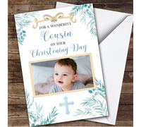 Personalised Christening Day Card For Cousin Boy Photo Foliage Blue | Custom Greetings Card For Christening Day Any Text Inside & Out