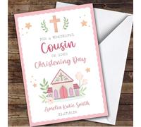 Personalised Christening Day Card For Cousin Girl Church Pink | Custom Greetings Card For Christening Day Any Text Inside & Out