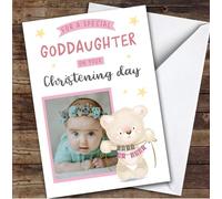 Personalised Christening Day Card For Goddaughter Photo Bear Pink | Personalized Custom Unique Greetings Card For Christening Day Any Text Inside & Out