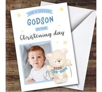 Personalised Christening Day Card For Godson Photo Bear Blue | Custom Greetings Card For Christening Day Any Text Inside & Out